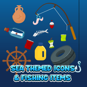 2D game sea themed icons and fishing items